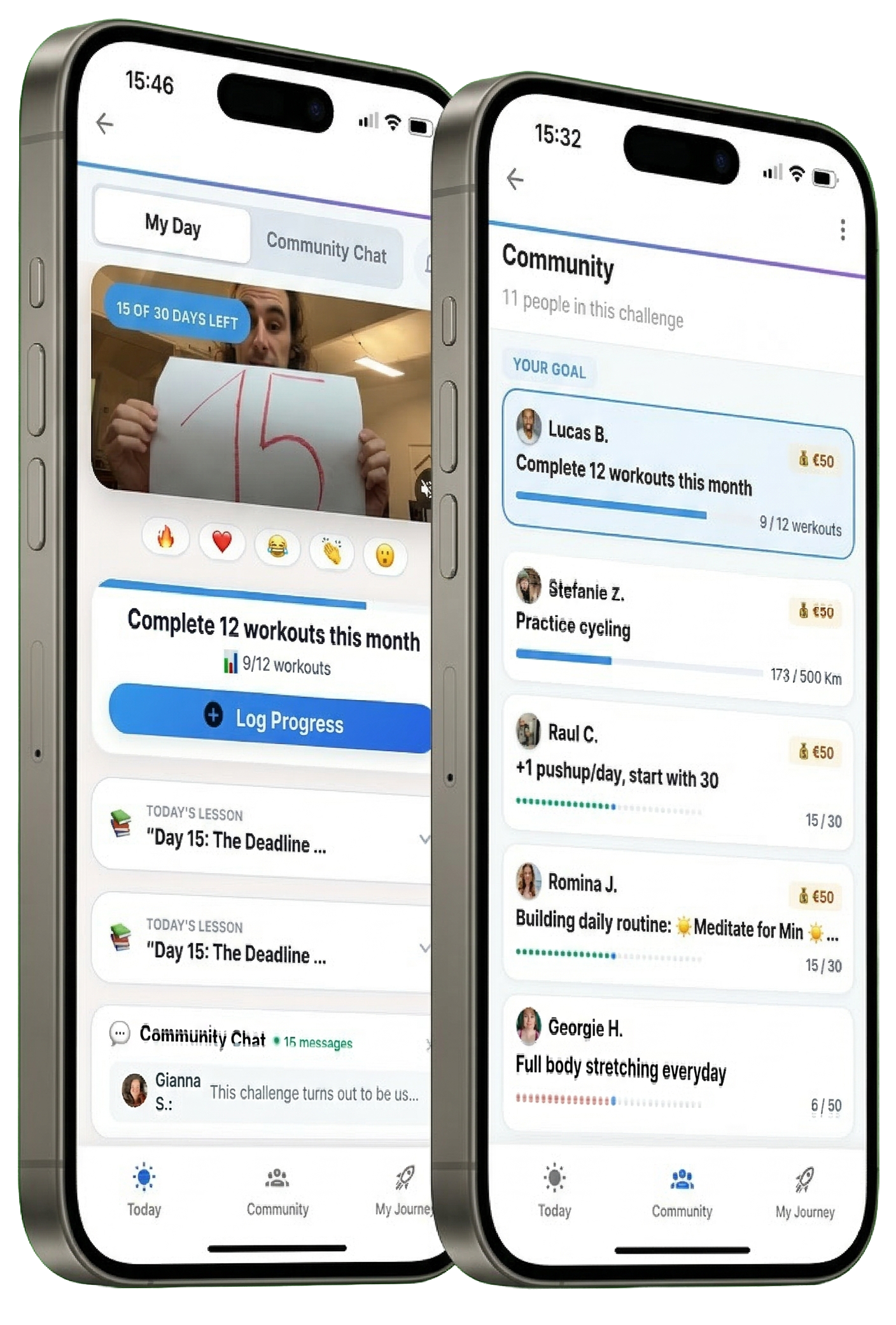 TUES app showing daily check-in and community progress tracking